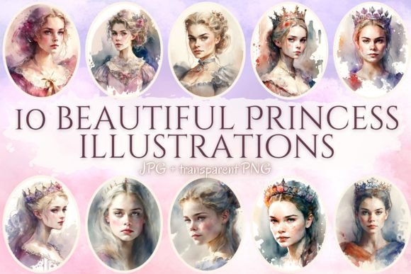 10 Watercolor Princess Illustrations PNG Review