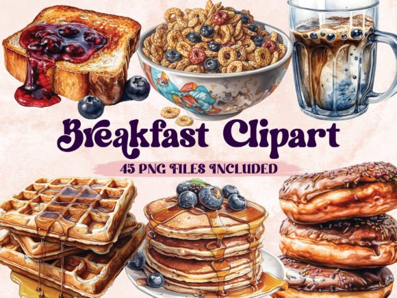 42 Watercolor Breakfast Clipart: Illustrations for Crafters