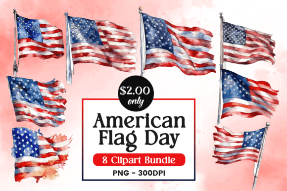 American Flag Day Watercolor Cliparts: Editorial Illustrations