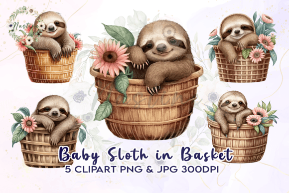 Baby Sloth in Basket Watercolor Clipart Illustrations