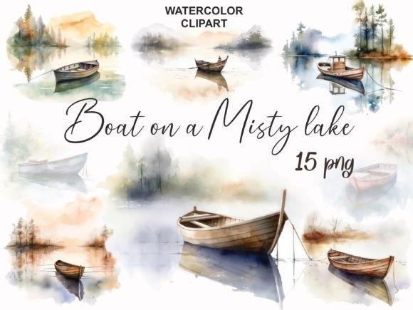 Boat on a Misty Lake Watercolor Clipart Illustrations