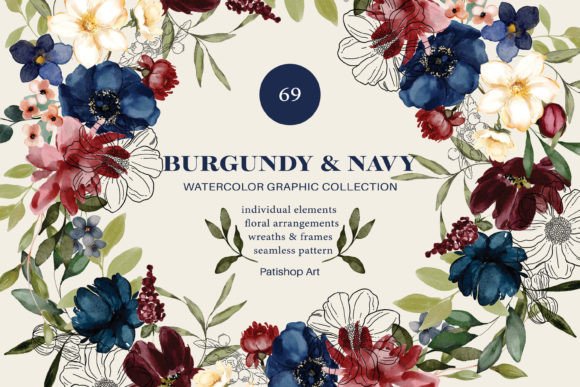 Burgundy Navy Watercolor Roses Illustrations Review