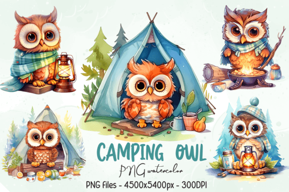 Camping Owl PNG Watercolor Illustrations Review