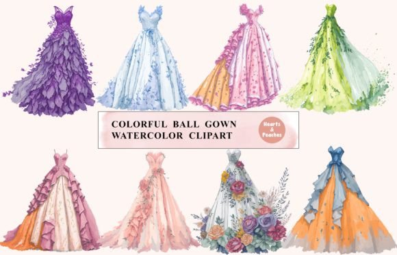 Colorful Ball Gown Watercolor Clipart Illustrations
