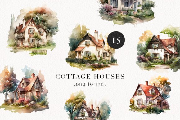 Cottage Watercolor Houses Illustrations for Digital Products