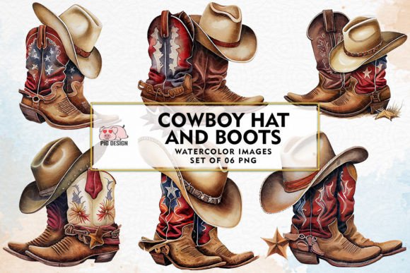 Cowboy Hat and Boots Watercolor Clipart Illustrations