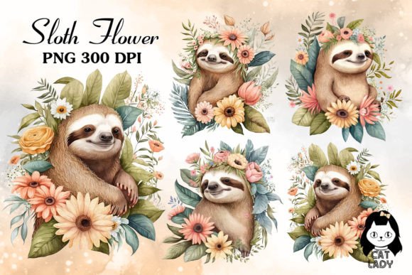 Cute Sloth and Flowers Watercolor Illustrations for Crafts