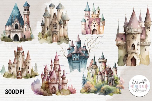 Fairy Castle Watercolor Clipart Bundle: Editorial Illustrations