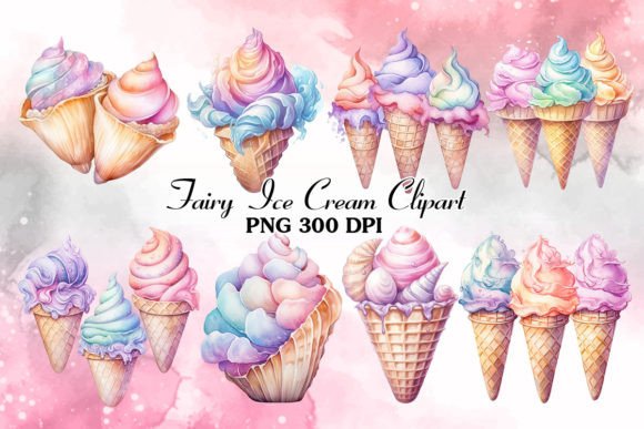 Fairy Ice Cream Watercolor Clipart Illustrations
