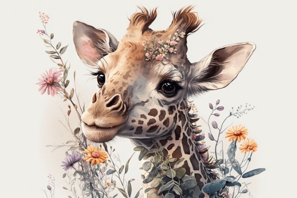 Floral Cute Baby Giraffe Watercolor 1 Illustrations