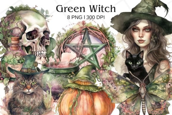 Green Witch Watercolor Clipart for Editorial Illustrations