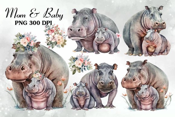 Mom and Baby Hippopotamus Watercolor Illustrations Review