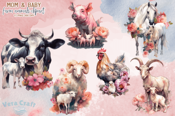 Mom Baby Farm Animals Watercolor Clipart Illustrations