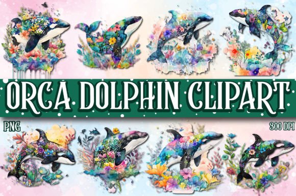 Orca Watercolor Illustrations for Sublimation Clipart