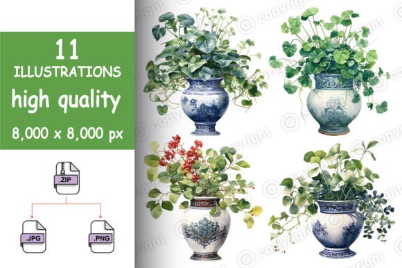 Plants with Chinese Vase Watercolor Illustrations