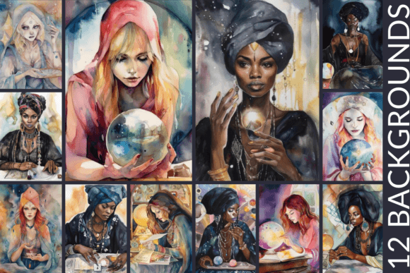 Psychic Tarot Watercolor Digital Papers & Illustrations