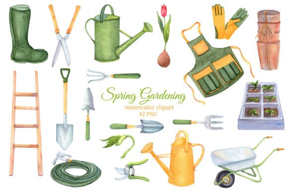 Spring Gardening Watercolor Clipart Illustrations