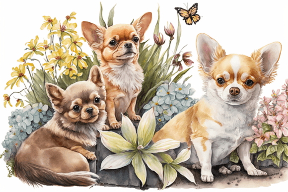 Stitching Spring Watercolor Chihuahua Puppies