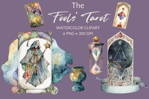 The Fools Tarot Watercolor Clipart: Editorial Illustrations