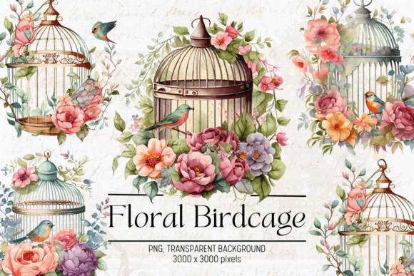 Vintage Birdcage Watercolor Clipart for Embroidery