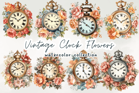 Vintage Clock Flowers Watercolor Clipart Illustrations