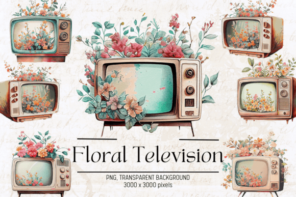Vintage Television Watercolor Clipart Illustrations