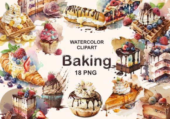 Watercolor Baking Clipart & Bakery PNG Illustrations