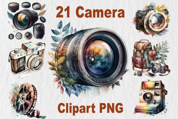 Watercolor Camera Clipart Bundle 21 PNG Illustrations