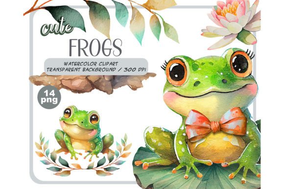 Watercolor Cute Baby Frogs Clipart Set: Editorial Illustrations