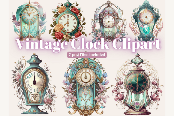 Watercolor Floral Clocks Clipart: Illustrations for Branding