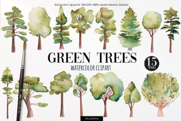Watercolor Green Trees Clipart: Illustrations for Branding