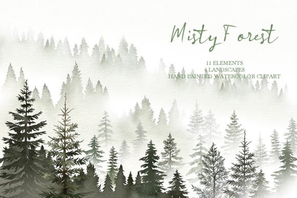 Watercolor Misty Forest Tree Clipart Illustrations Review