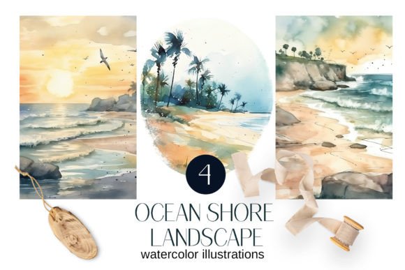 Watercolor Sea Coast Illustrations for Crafting