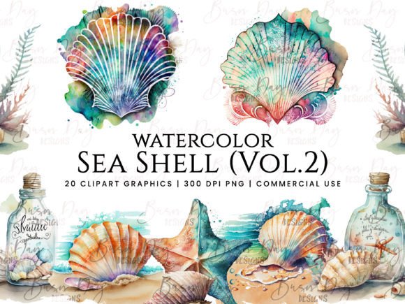 Watercolor Sea Shell Vol 2 Clipart: Coastal Illustrations