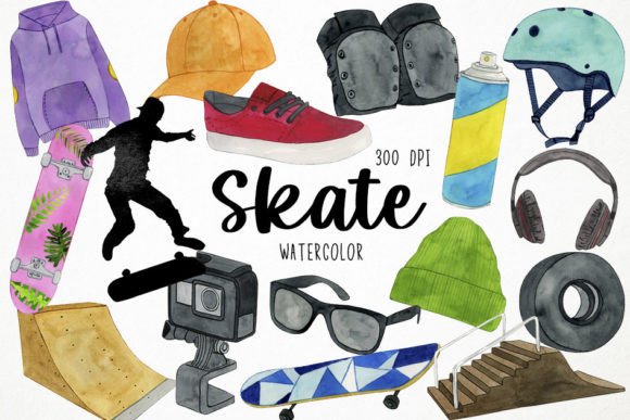 Watercolor Skate Clipart Illustrations for Branding
