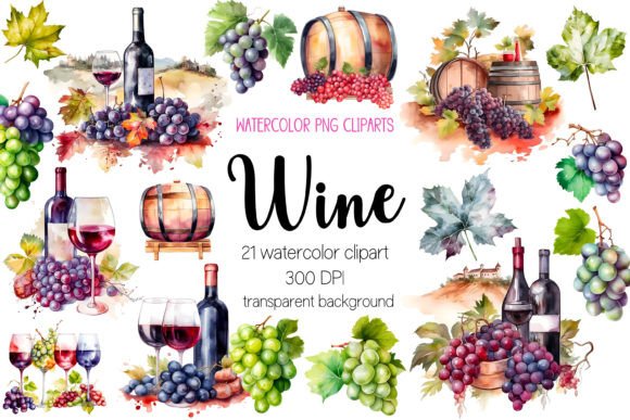 Watercolor Wine and Grape Clipart Bundle Illustrations
