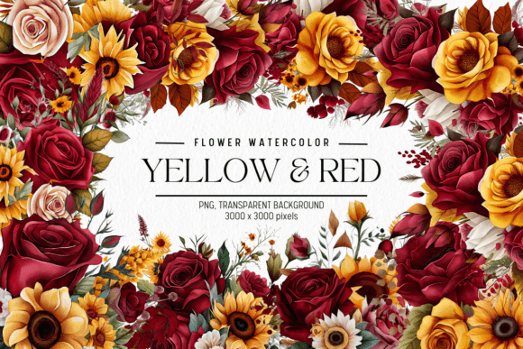 Yellow Red Flowers Watercolor Clipart Illustrations